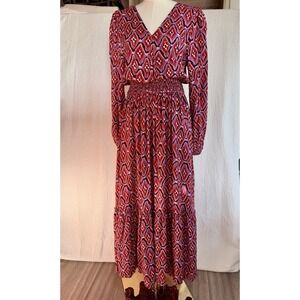 Boho Long Sleeves Maxi Dress Ikat Print Geometric Purple Elastic Waist XL